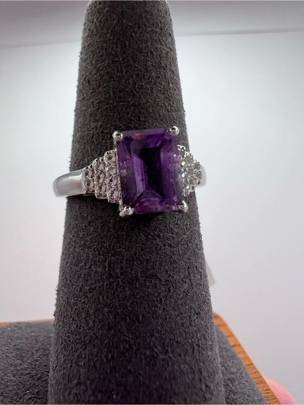 Genuine Amethyst Emerald-Cut Cocktail Ring set in .925 Sterling Silver - Size 7